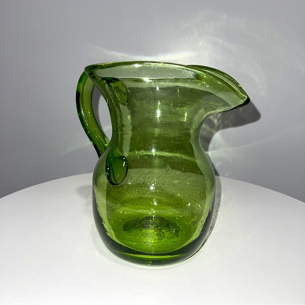Vintage Lime Green Handblown Glass Water Pitcher Bubble Glass Mid-century